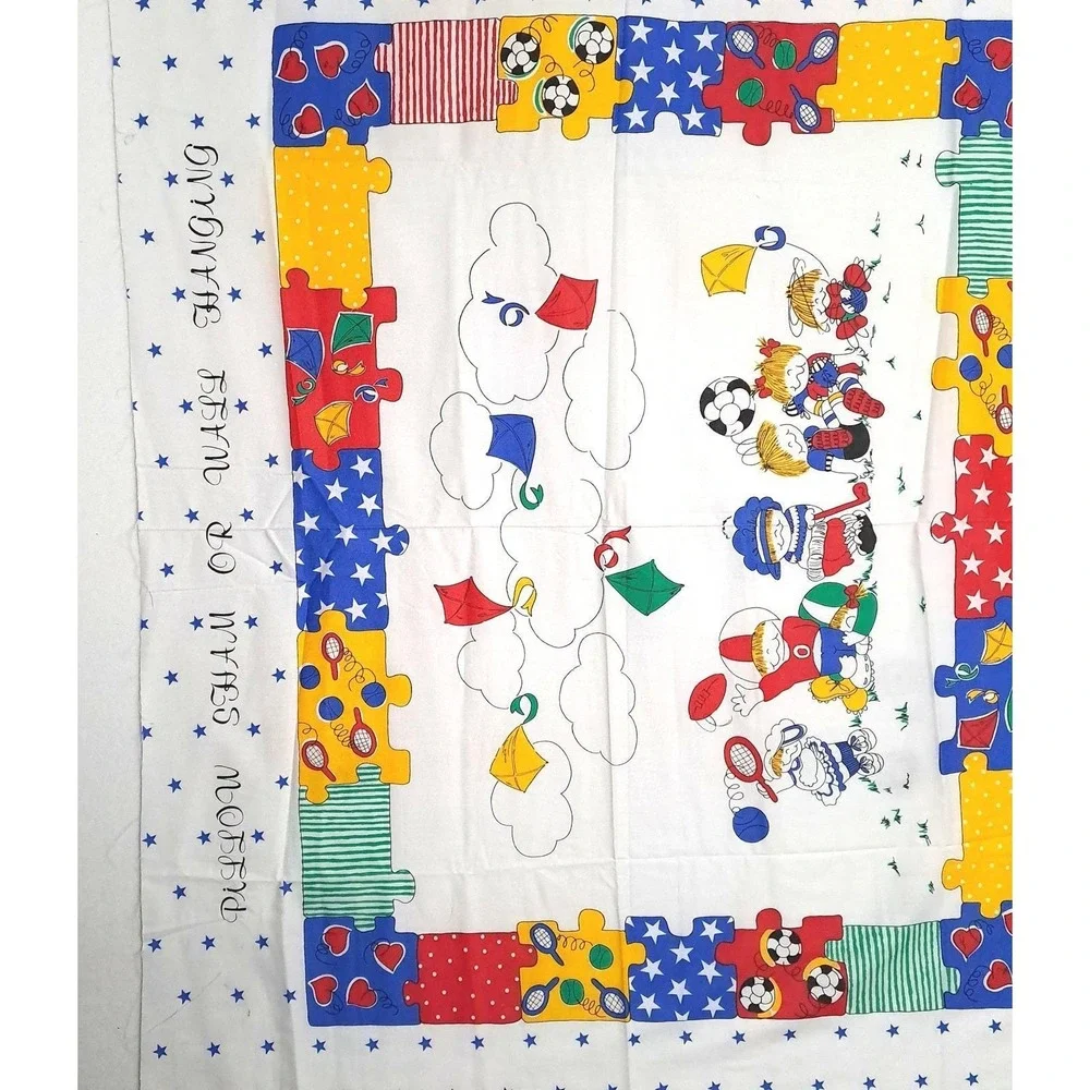 Vintage Kids Sports Fabric Panel 35x44 Pillow Sham Wall Hanging White Multi